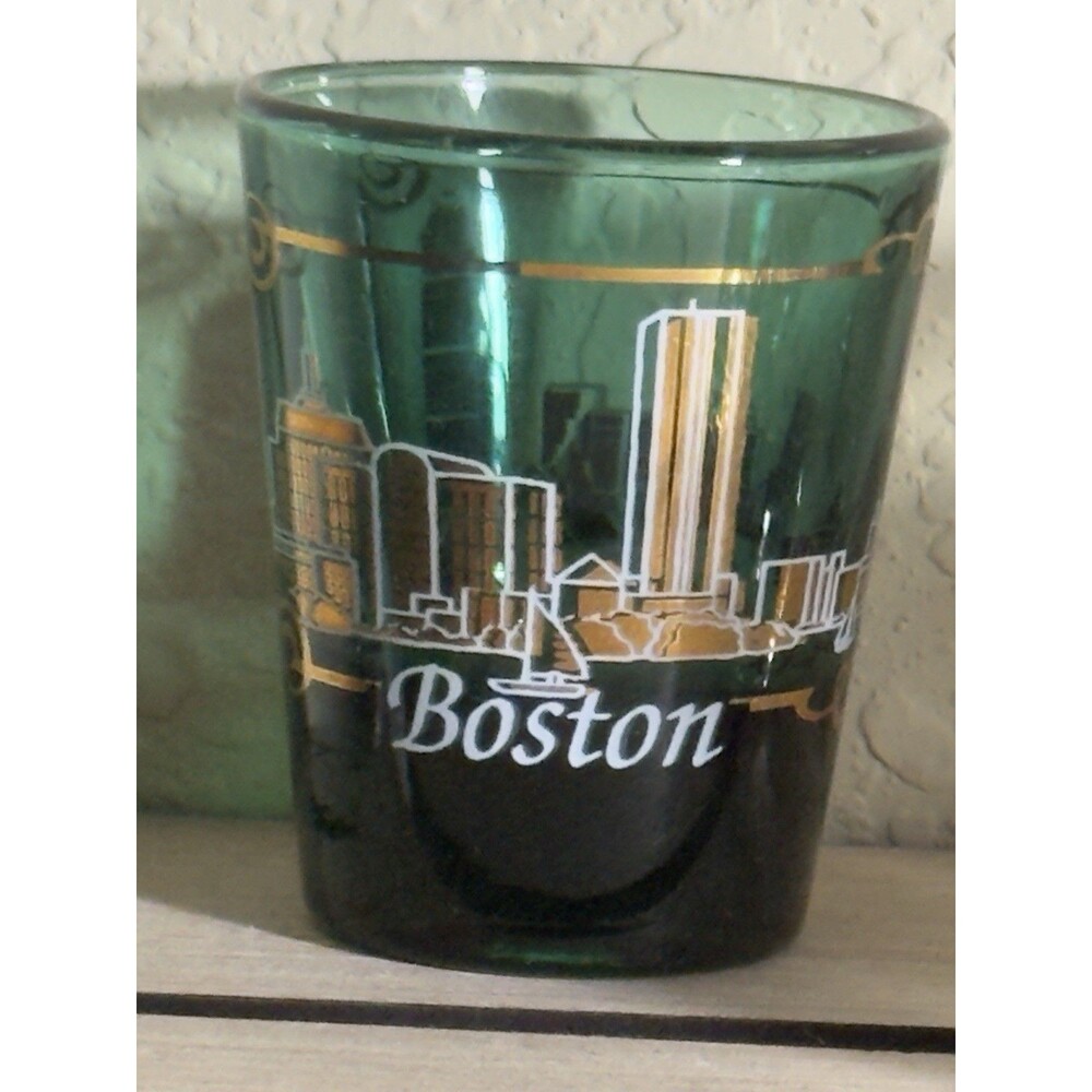Vintage Skyline Boston Massachusetts Green Tinted Shot Glass